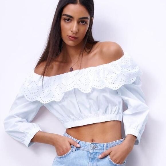 Zara Tops - ZARA Eyelet Poplin Crop Top White Size Small Bloggers Fav!
